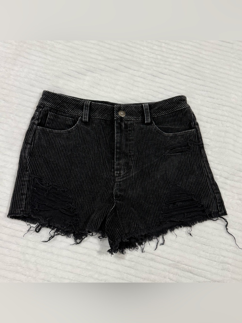 She + Sky Black Distressed Corduroy High-Rise Shorts